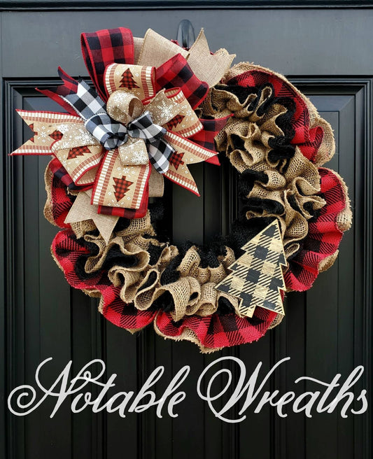 Red rustic buffalo check Christmas wreath for front door, Winter burlap wreath, rustic Christmas decor