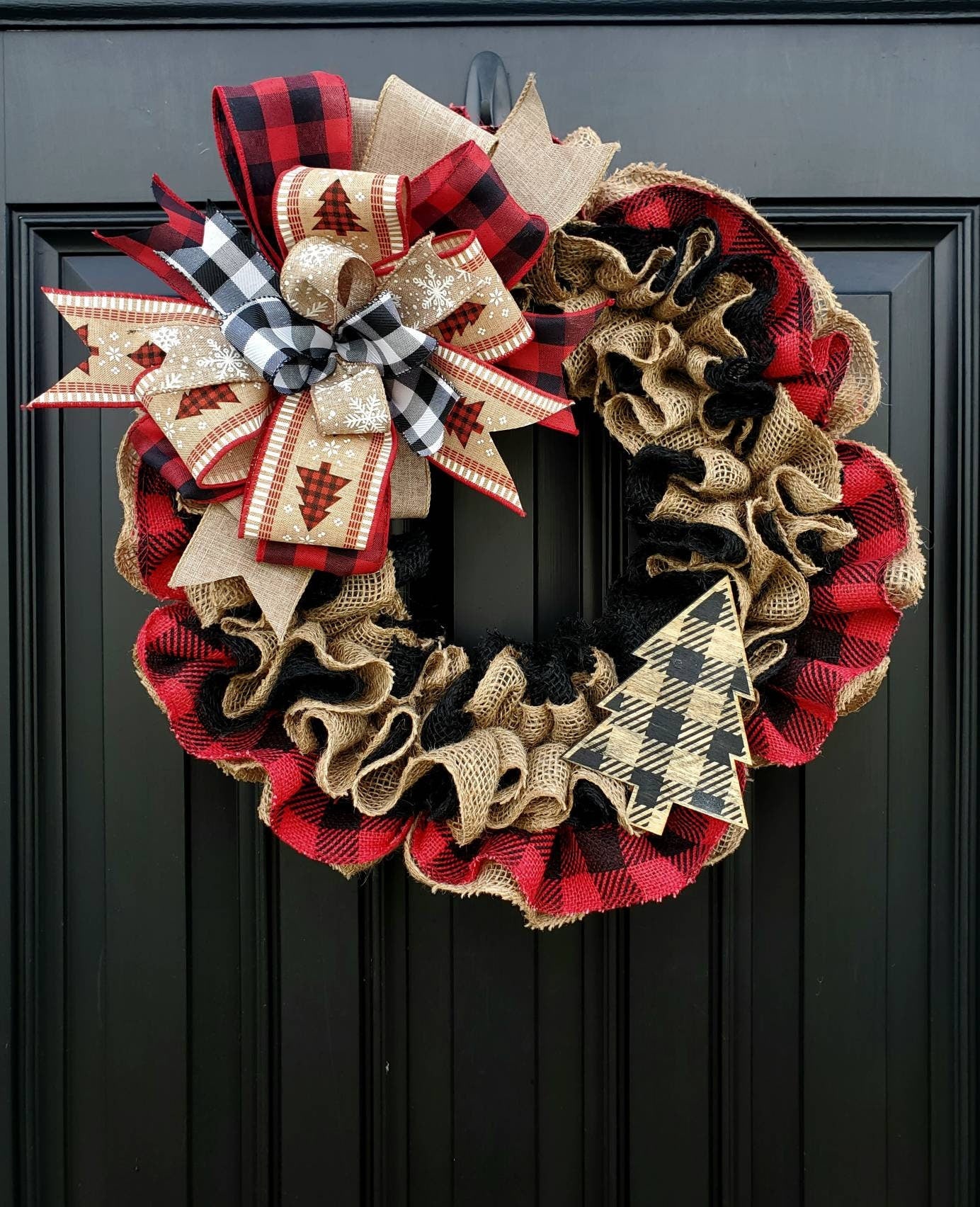 Red rustic buffalo check Christmas wreath for front door, Winter burlap wreath, rustic Christmas decor