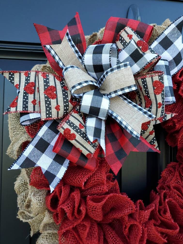 Valentines day wreath, burlap wreath, buffalo check valentine wreath, heart wreath, red burlap wreath, ruffle wreath