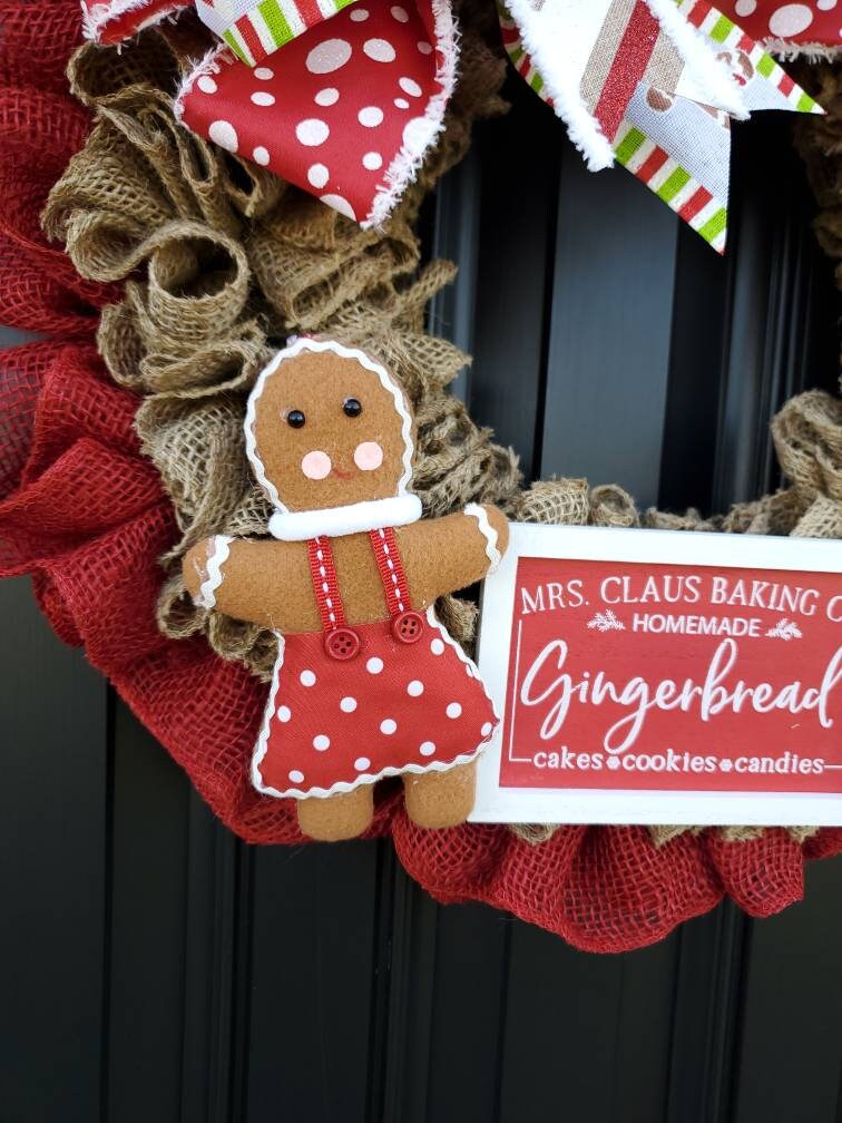 Festive Christmas gingerbread wreath for front door, gingerbread decor, Christmas burlap wreath, red Christmas wreath