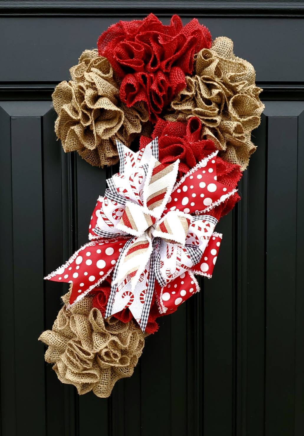 Candy Cane burlap wreath, Christmas wreath, rustic Christmas wreath