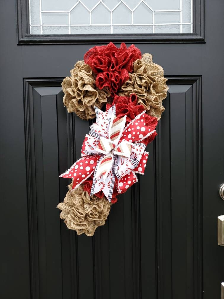 Candy Cane burlap wreath, Christmas wreath, rustic Christmas wreath