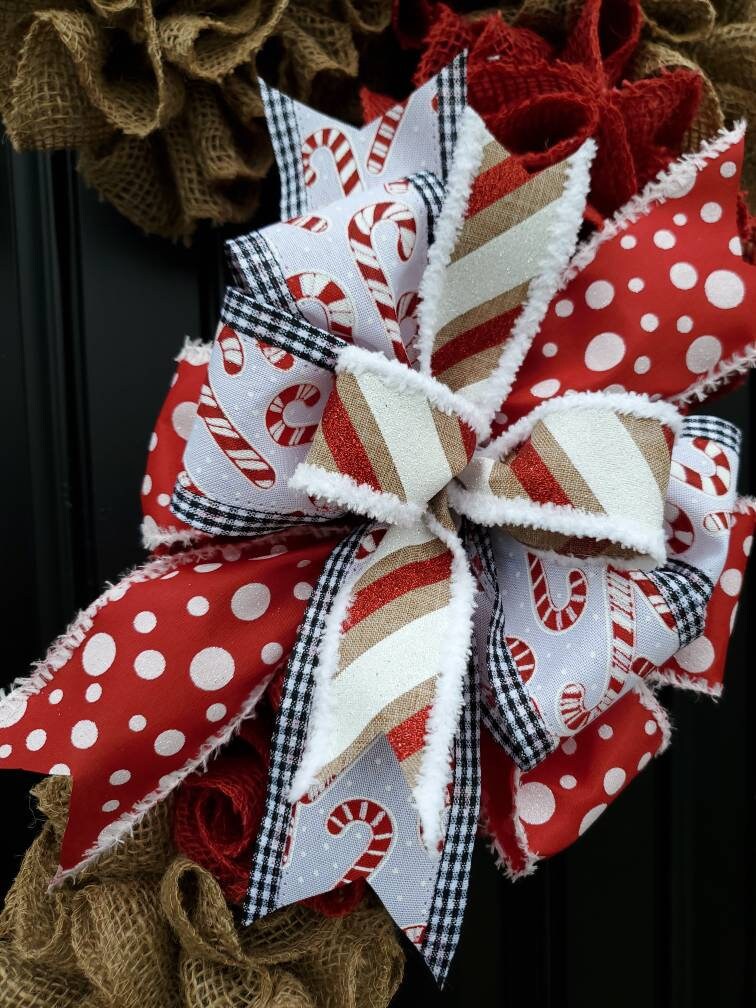 Candy Cane burlap wreath, Christmas wreath, rustic Christmas wreath