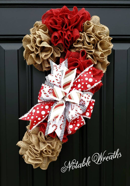 Candy Cane burlap wreath, Christmas wreath, rustic Christmas wreath