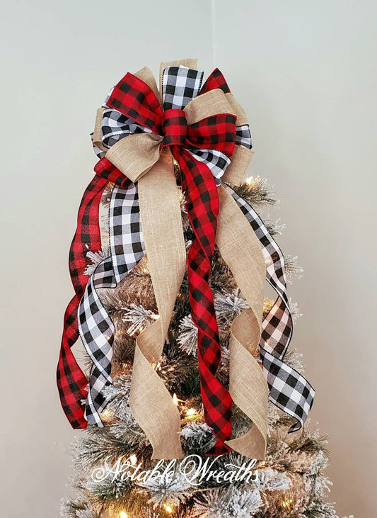 Rustic Christmas tree topper bow, plaid tree topper bow, farmhouse decor, red and black buffalo check tree topper, Christmas tree decor