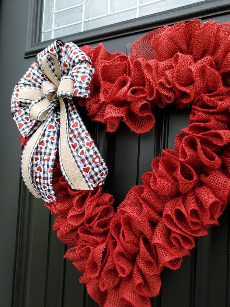 Red heart wreath for Valentine's day wreath for front door, ruffle burlap wreath, heart wreath, crimson red burlap wreath, ruffle wreath