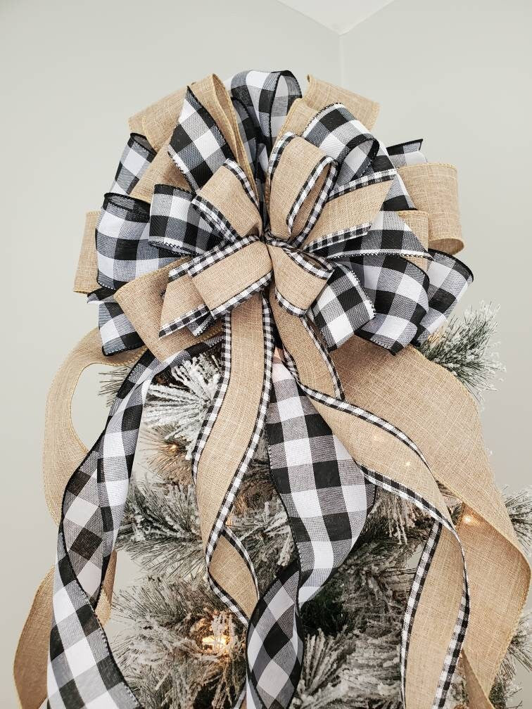 Farmhouse Christmas tree topper bow, buffalo tree topper bow, farmhouse decor, black and white buffalo check tree topper, neutral tree toppe