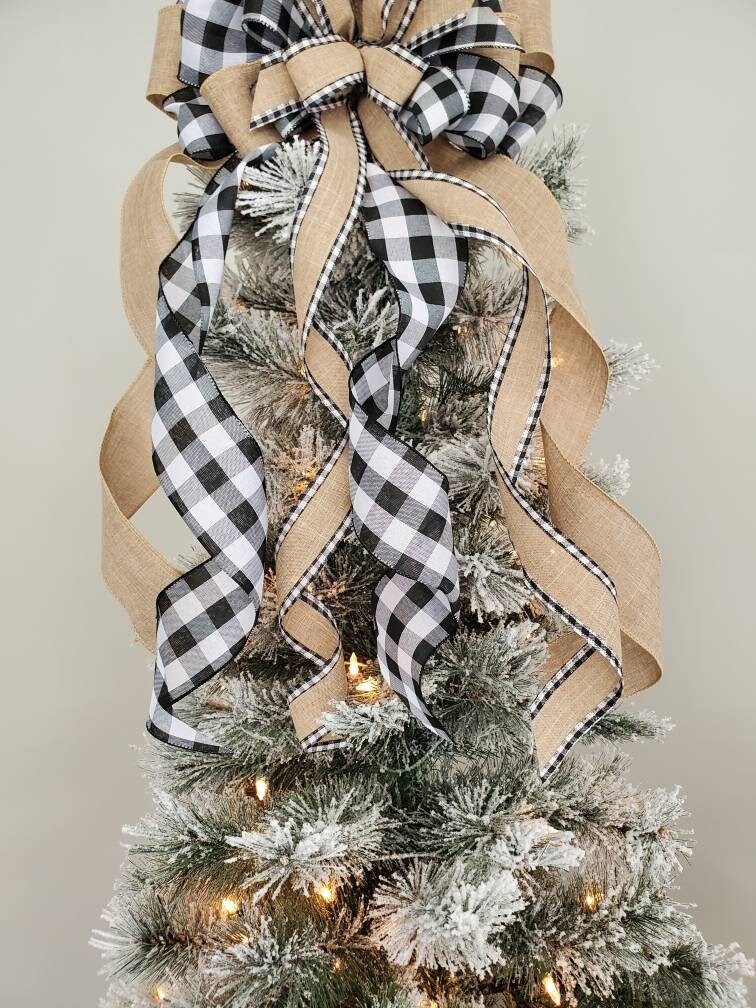 Farmhouse Christmas tree topper bow, buffalo tree topper bow, farmhouse decor, black and white buffalo check tree topper, neutral tree toppe