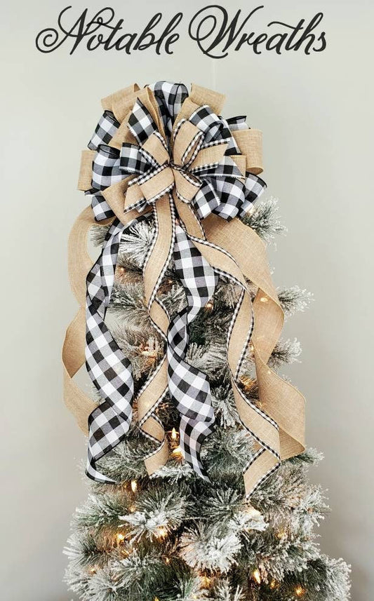 Farmhouse Christmas tree topper bow, buffalo tree topper bow, farmhouse decor, black and white buffalo check tree topper, neutral tree toppe