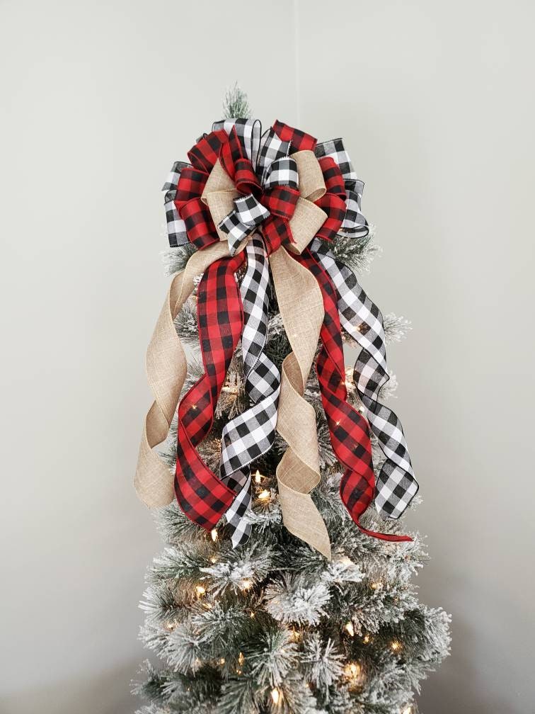 Buffalo check Rustic Christmas tree topper bow, plaid tree topper bow, farmhouse decor, red and black buffalo check tree topper