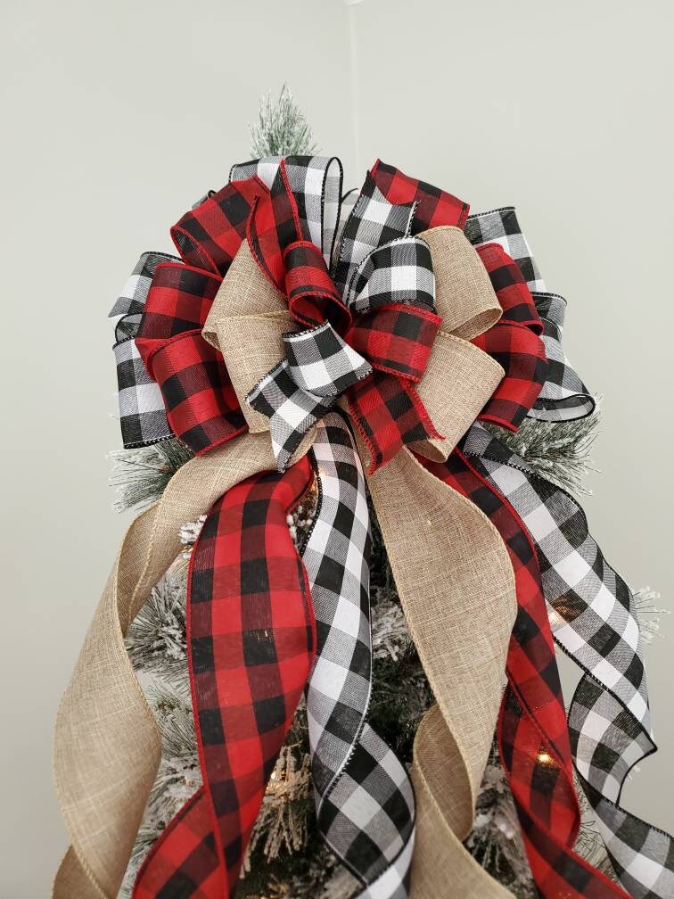 Buffalo check Rustic Christmas tree topper bow, plaid tree topper bow, farmhouse decor, red and black buffalo check tree topper