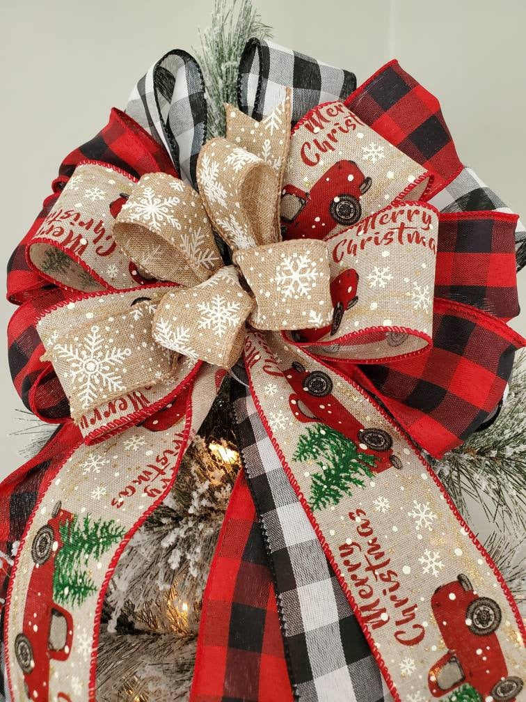 Red truck Christmas tree topper bow, buffalo check tree topper, Christmas tree decorations