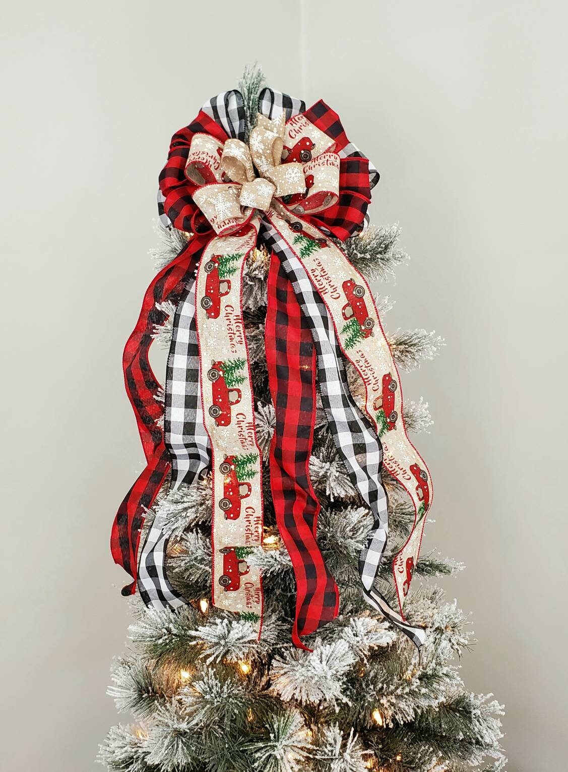 Red truck Christmas tree topper bow, buffalo check tree topper, Christmas tree decorations