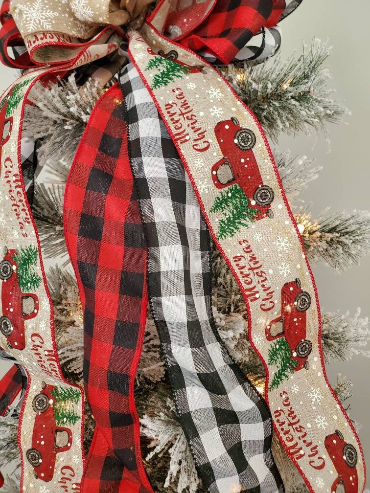 Red truck Christmas tree topper bow, buffalo check tree topper, Christmas tree decorations