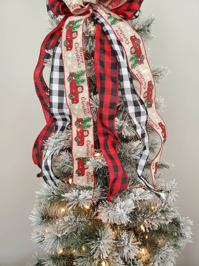 Red truck Christmas tree topper bow, buffalo check tree topper, Christmas tree decorations