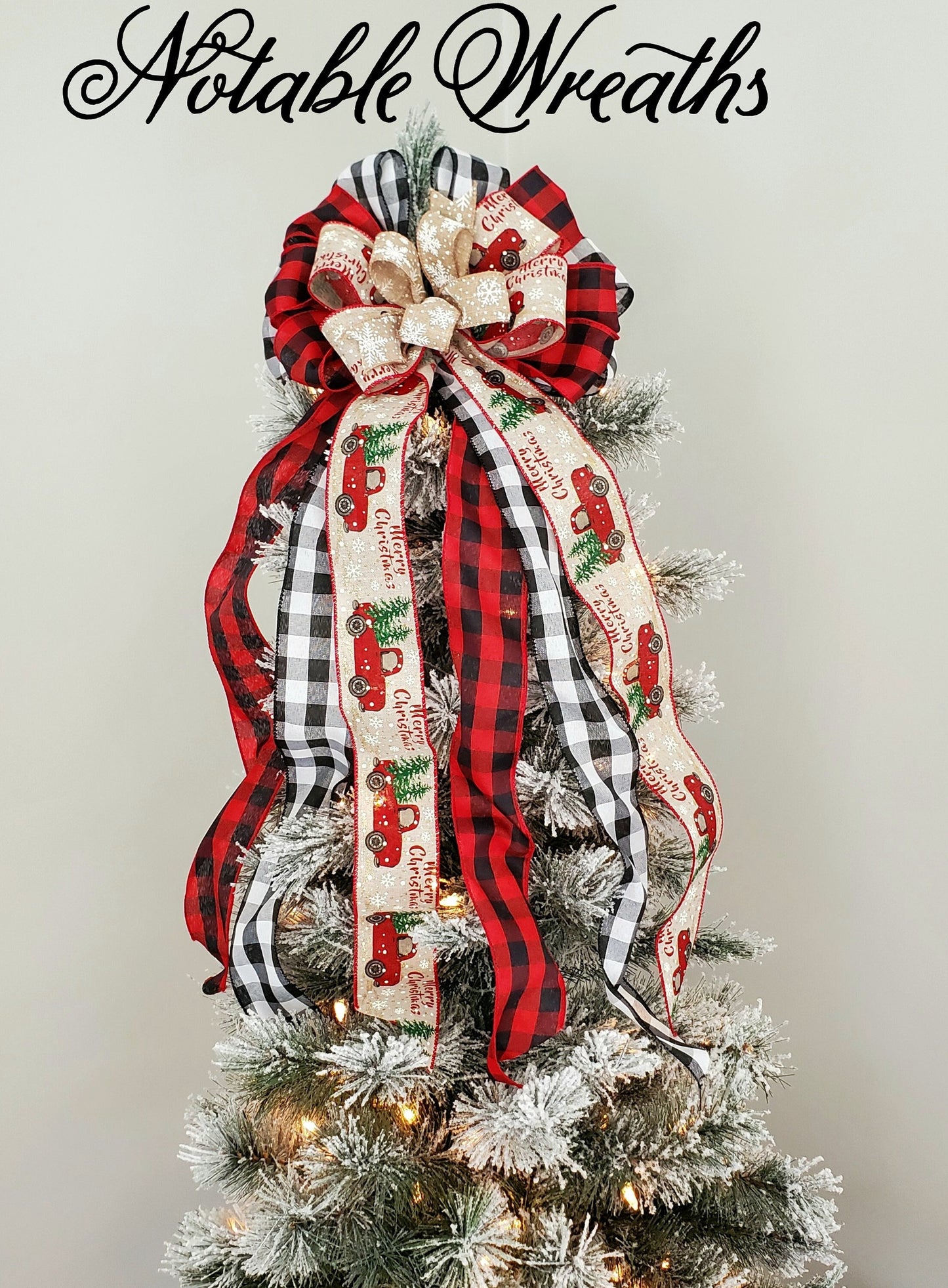 Red truck Christmas tree topper bow, buffalo check tree topper, Christmas tree decorations