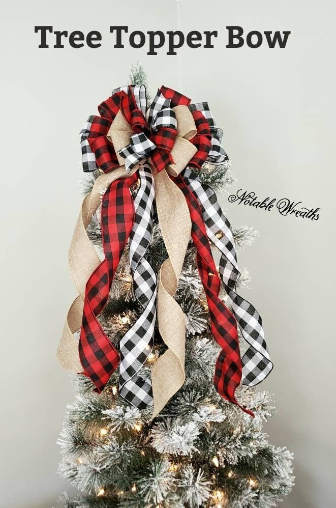 Rustic Christmas tree topper bow, plaid tree topper bow, farmhouse decor, red and black buffalo check tree topper, Christmas tree decor