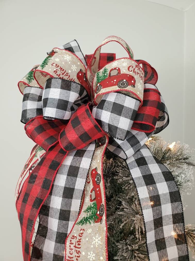 Red truck Christmas tree topper bow, buffalo check tree topper, Christmas tree decorations