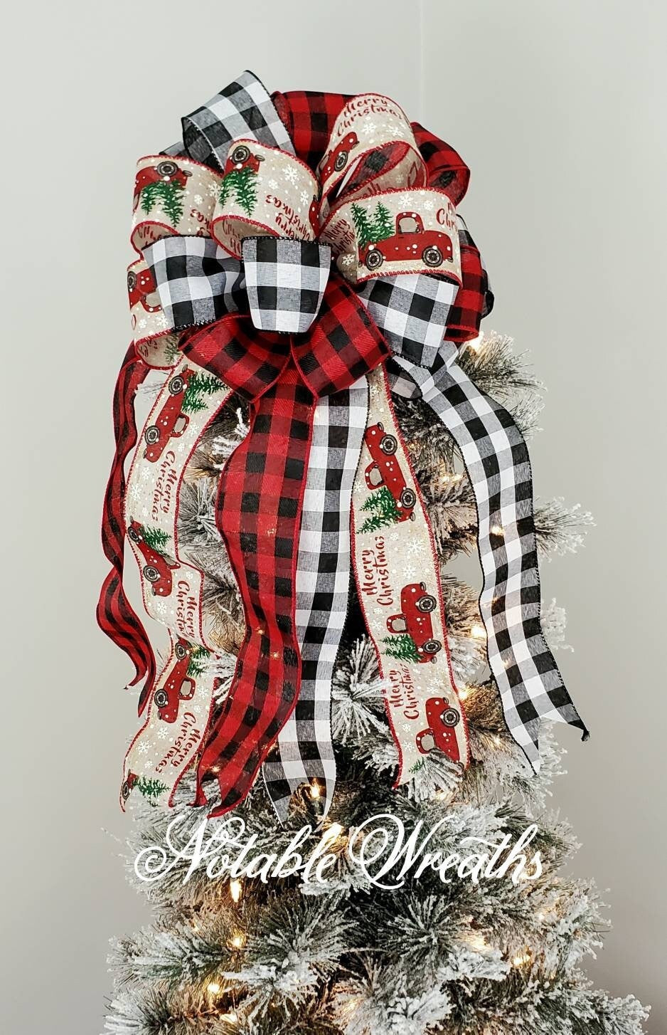 Red truck Christmas tree topper bow, buffalo check tree topper, Christmas tree decorations