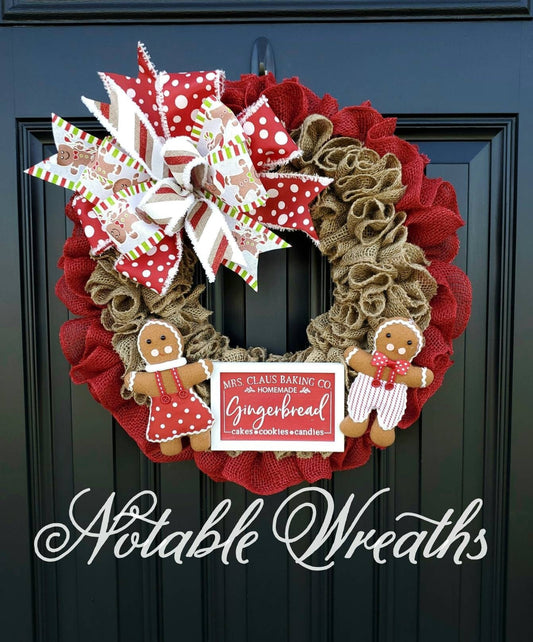 Festive Christmas gingerbread wreath for front door, gingerbread decor, Christmas burlap wreath, red Christmas wreath