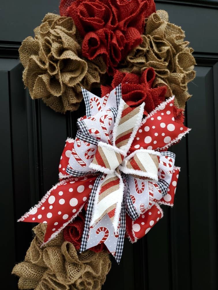 Candy Cane burlap wreath, Christmas wreath, rustic Christmas wreath