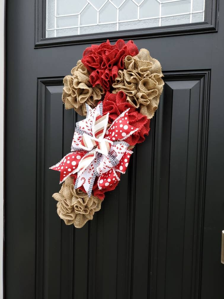 Candy Cane burlap wreath, Christmas wreath, rustic Christmas wreath