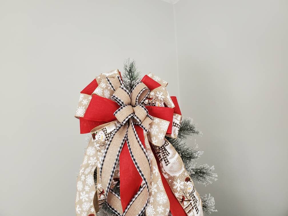 Snowman Christmas tree topper, Christmas tree topper bow, snowman bow, snowman decor, red tree topper bow