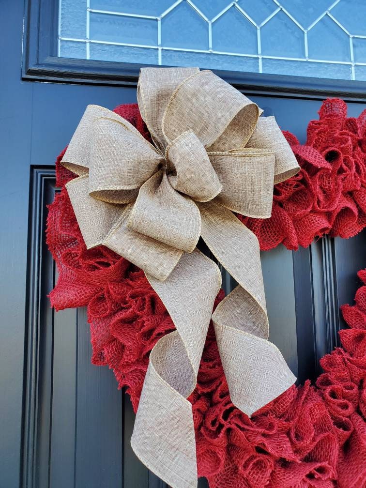 Large Valentine's day burlap heart wreath for front door, rustic valentine's day wreath, red heart wreath