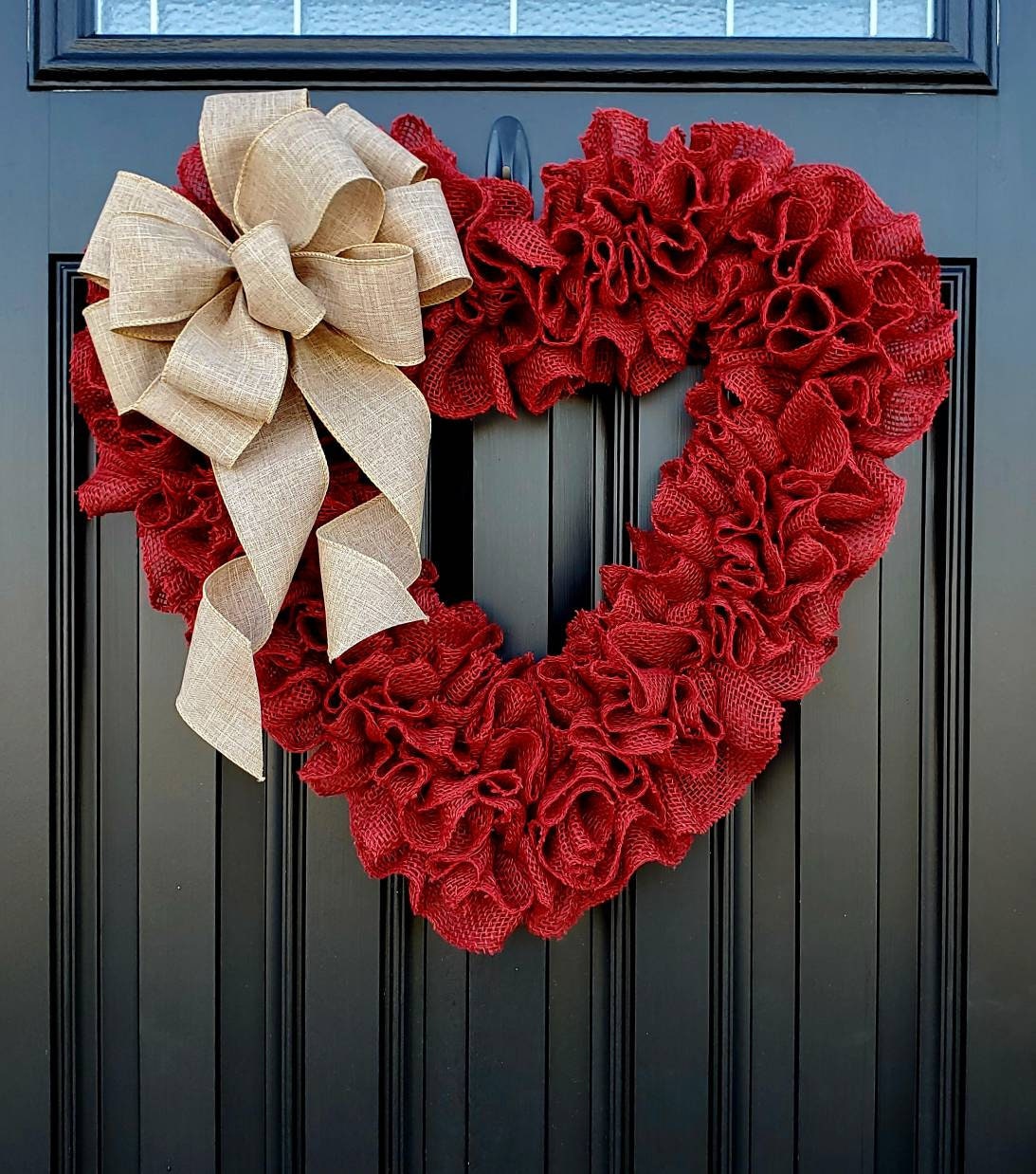 Large Valentine's day burlap heart wreath for front door, rustic valentine's day wreath, red heart wreath