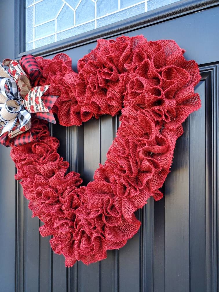 Large Valentine's day burlap heart wreath for front door, rustic valentine's day wreath, red heart wreath, buffalo check valentine's day