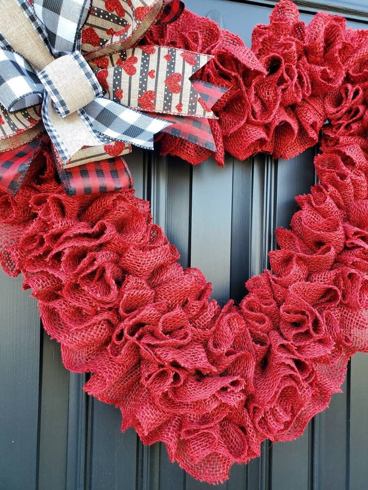 Large Valentine's day burlap heart wreath for front door, rustic valentine's day wreath, red heart wreath, buffalo check valentine's day