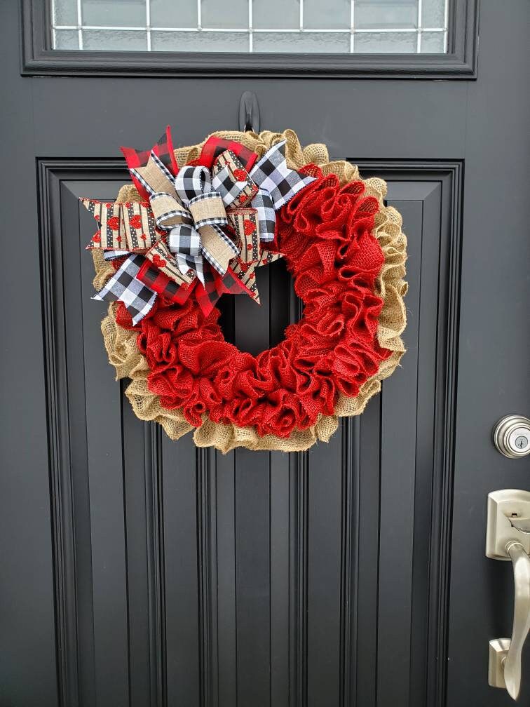 Valentines day wreath, burlap wreath, buffalo check valentine wreath, heart wreath, red burlap wreath, ruffle wreath