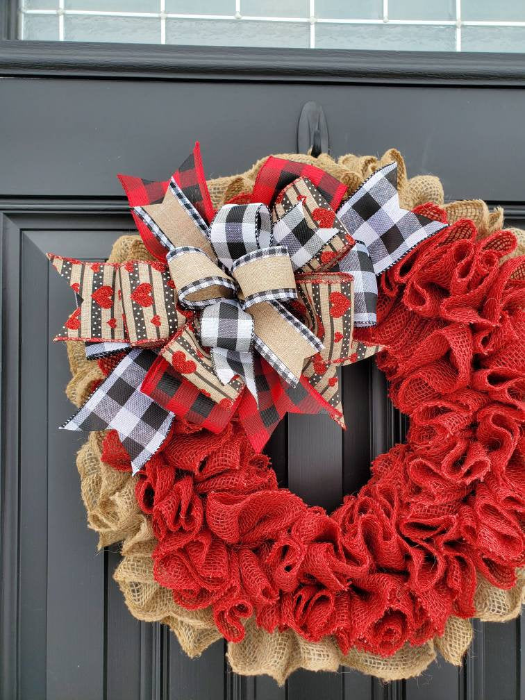 Valentines day wreath, burlap wreath, buffalo check valentine wreath, heart wreath, red burlap wreath, ruffle wreath