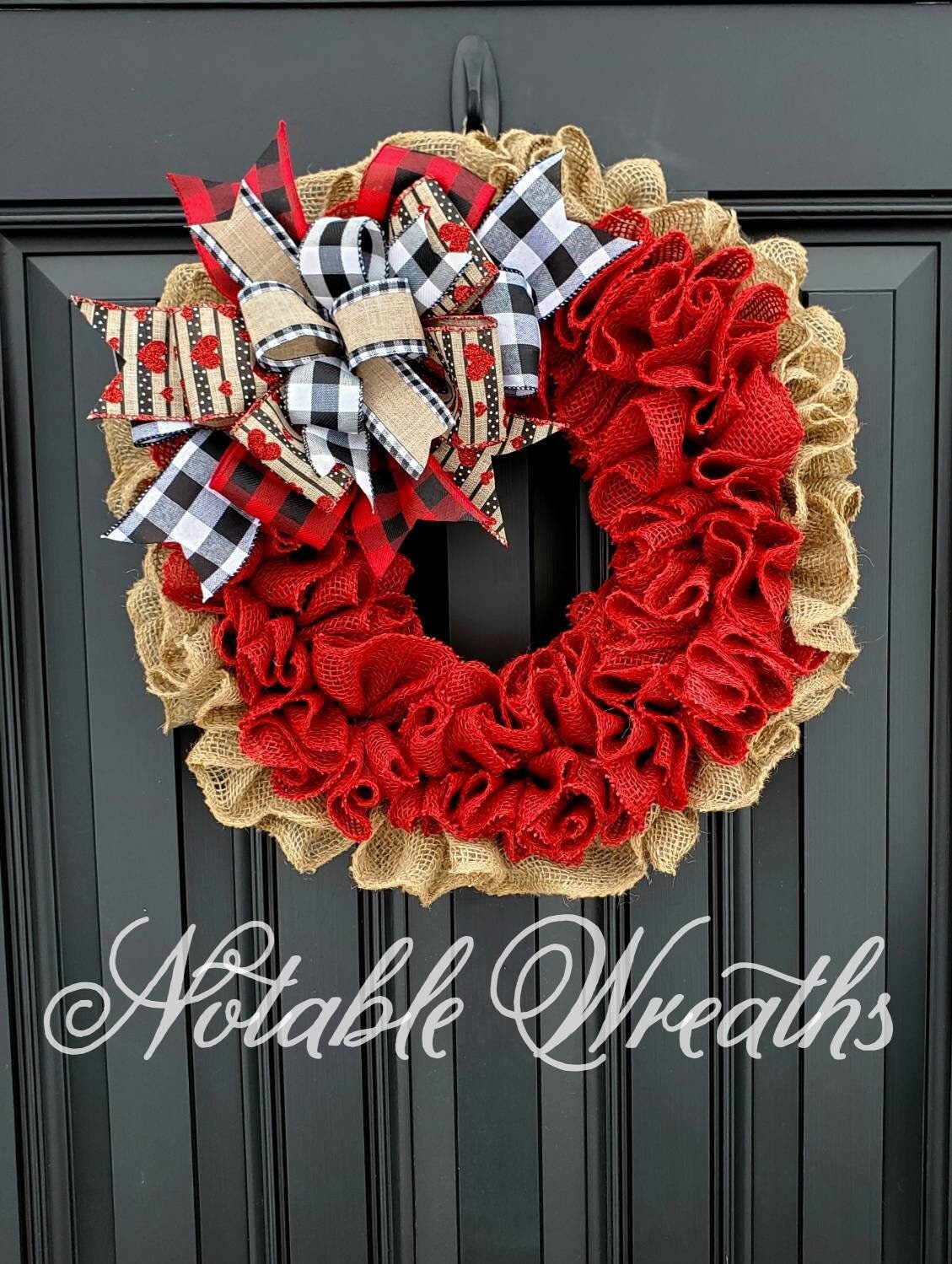 Valentines day wreath, burlap wreath, buffalo check valentine wreath, heart wreath, red burlap wreath, ruffle wreath