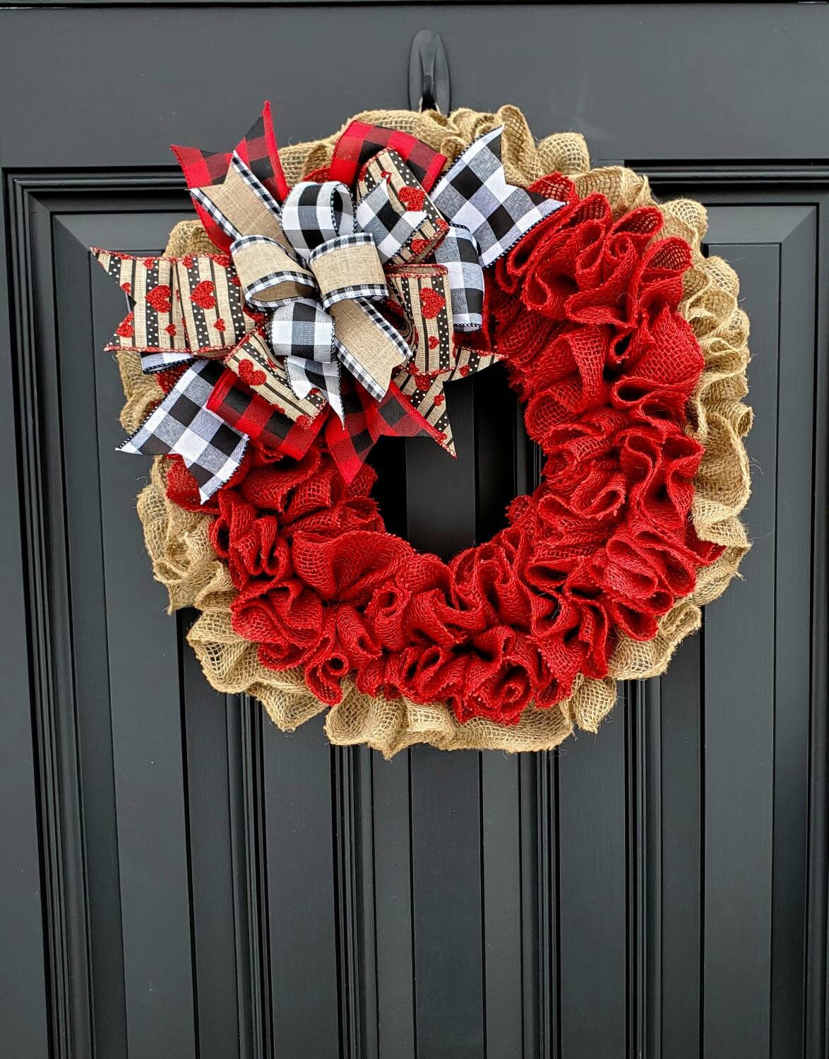 Valentines day wreath, burlap wreath, buffalo check valentine wreath, heart wreath, red burlap wreath, ruffle wreath