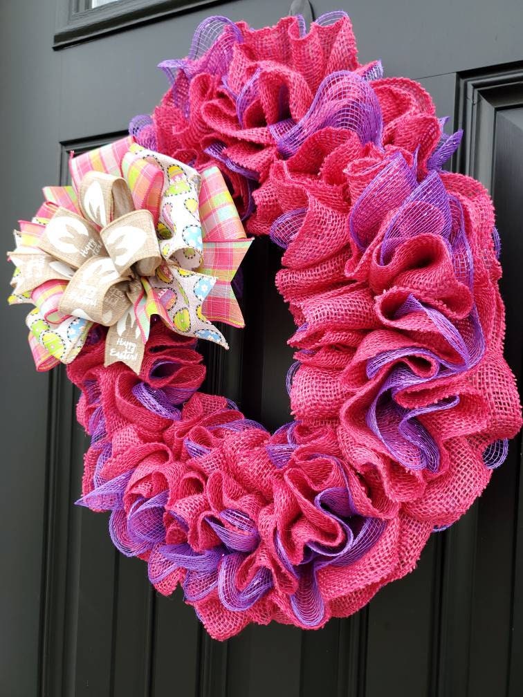 Easter burlap wreath for front door, Easter egg wreath, pink spring wreath, Happy Easter wreath, bunny wreath, purple