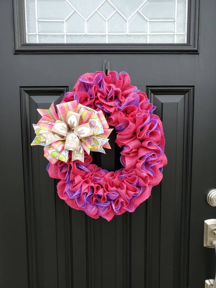 Easter burlap wreath for front door, Easter egg wreath, pink spring wreath, Happy Easter wreath, bunny wreath, purple