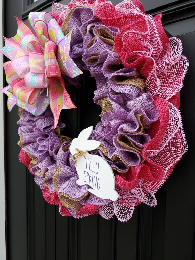 Easter wreath for front door, Hello Spring Rae Dunn inspired, bunny burlap wreath, purple deco mesh easter wreath, pink wreath