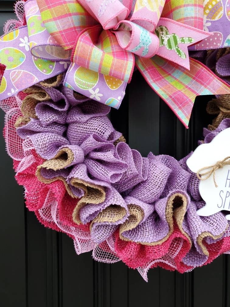 Easter wreath for front door, Hello Spring Rae Dunn inspired, bunny burlap wreath, purple deco mesh easter wreath, pink wreath