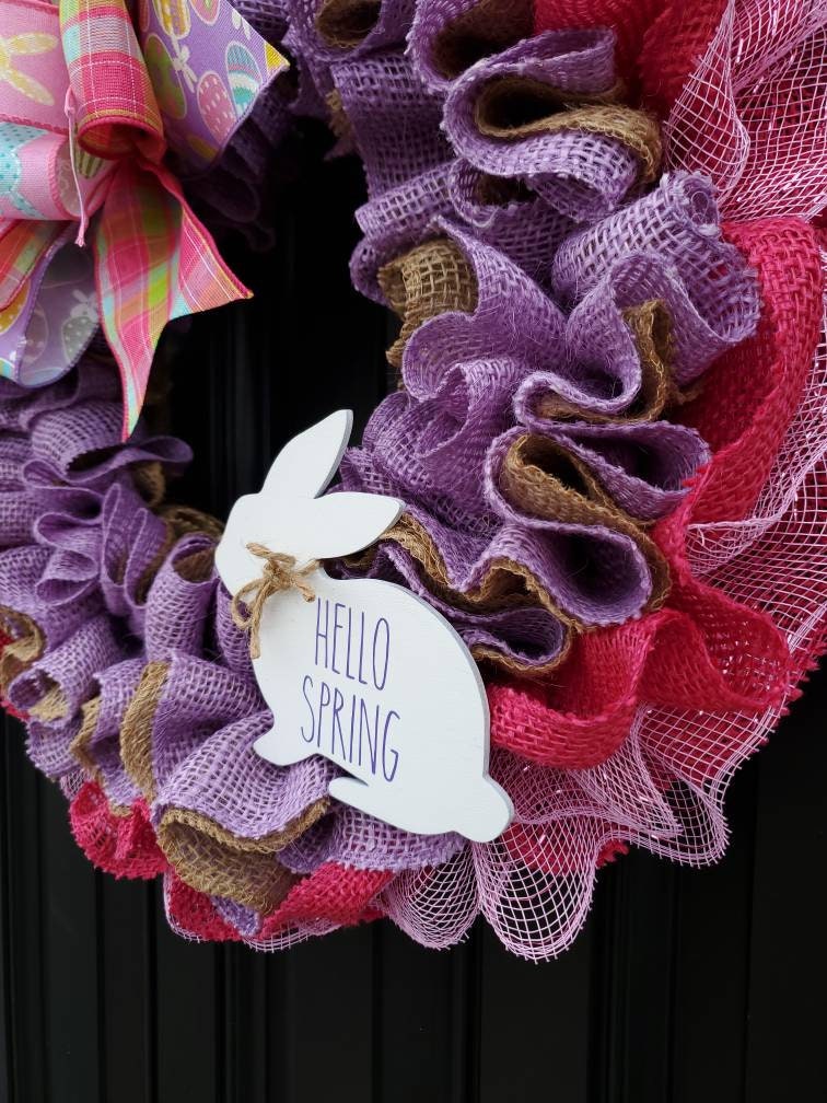 Easter wreath for front door, Hello Spring Rae Dunn inspired, bunny burlap wreath, purple deco mesh easter wreath, pink wreath