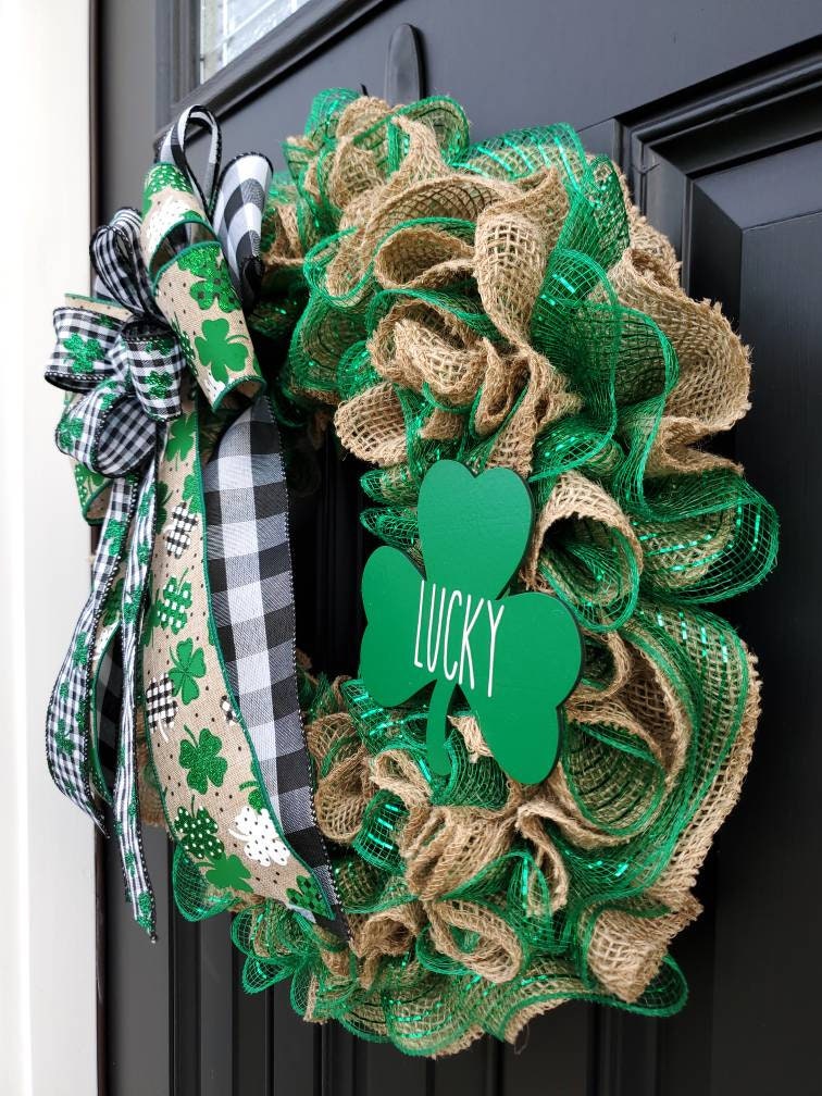 St. Patrick's day burlap wreath, Rae Dunn inspired, green burlap wreath, burlap ruffle wreath, St. Patrick's day wreath for front door