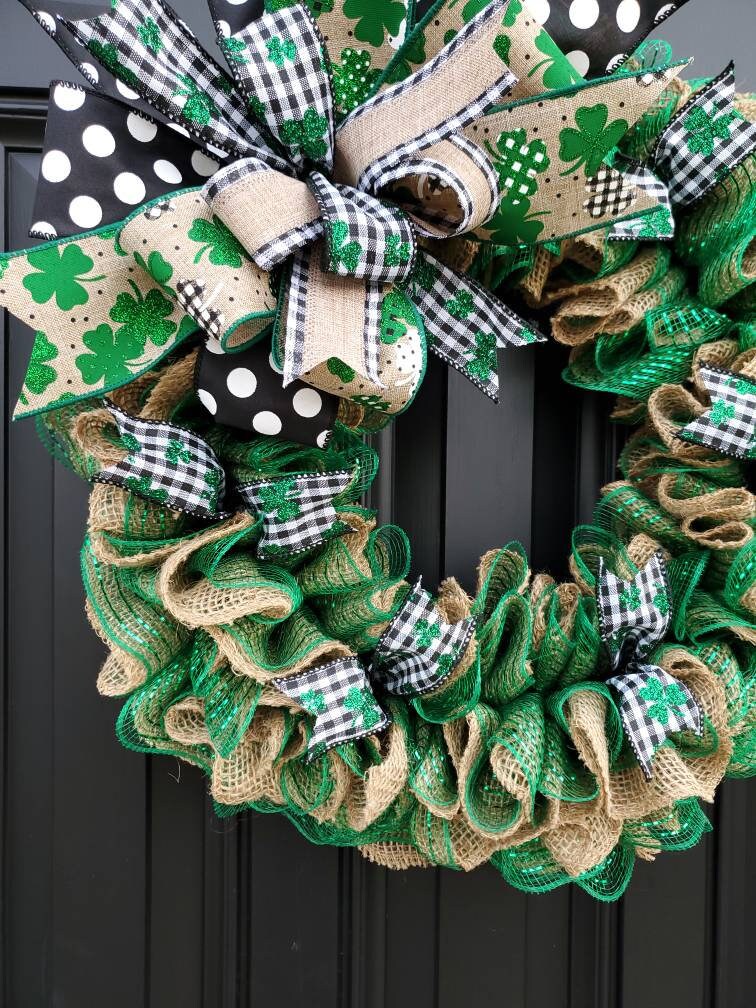 St. Patrick's day burlap wreath, green burlap wreath, burlap ruffle wreath, St. Patrick's day wreath for front door