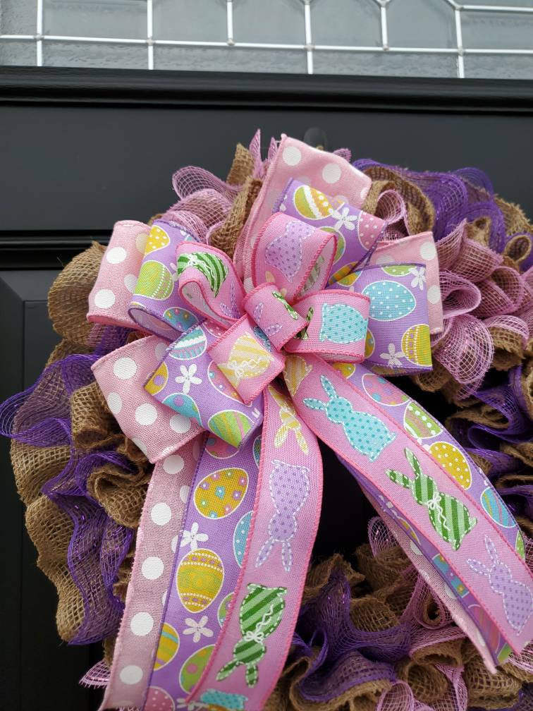 Easter egg wreath for front door, bunny burlap wreath, purple deco mesh easter wreath, pink wreath, spring burlap wreath