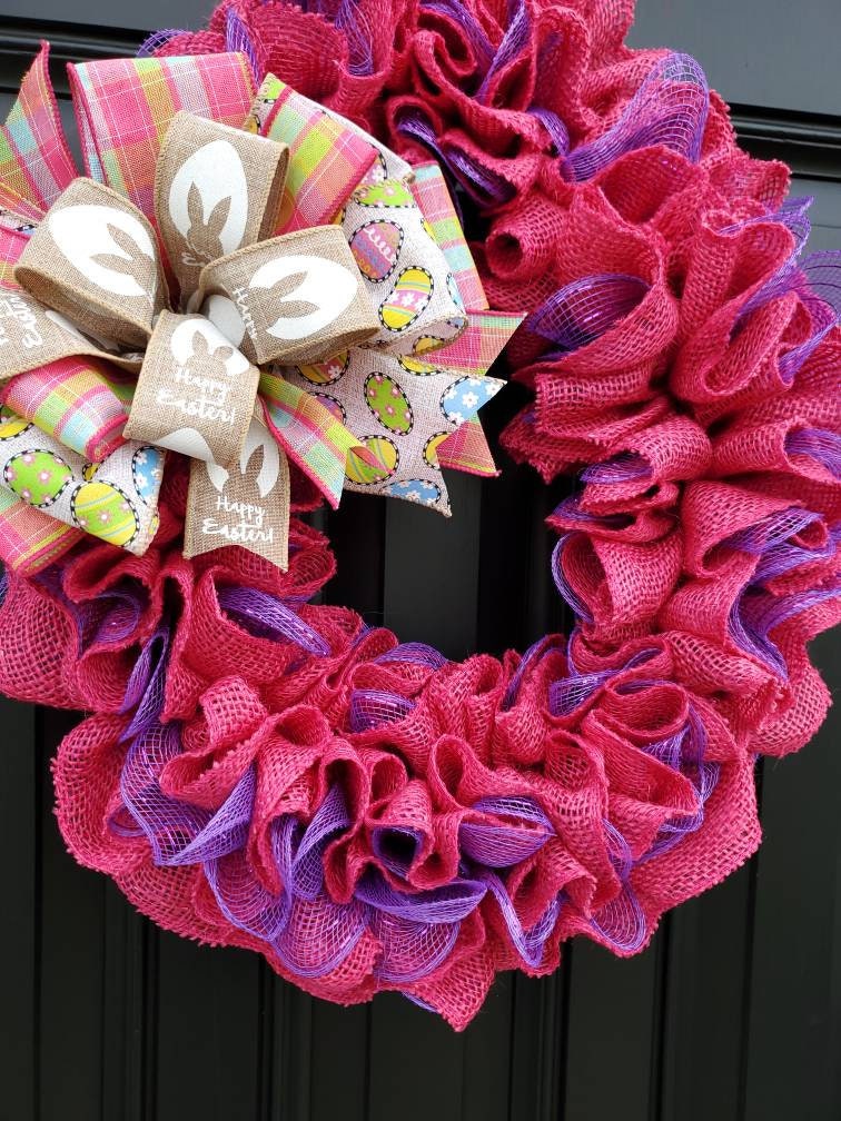 Easter burlap wreath for front door, Easter egg wreath, pink spring wreath, Happy Easter wreath, bunny wreath, purple