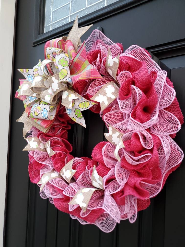 Easter wreath for front door, Spring burlap wreath, bunny wreath, pink Easter wreath