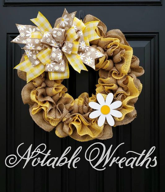 Yellow Spring daisy wreath for front door, Spring burlap wreath with daisies, double door wreath, yellow Spring wreath, daisy decor