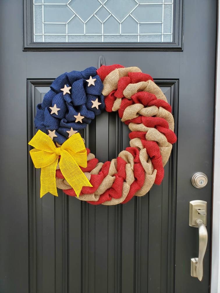 Military Wreath, Deployment wreath, Support our troops, Patriotic, burlap, yellow awareness ribbon for troops, deployment gifts