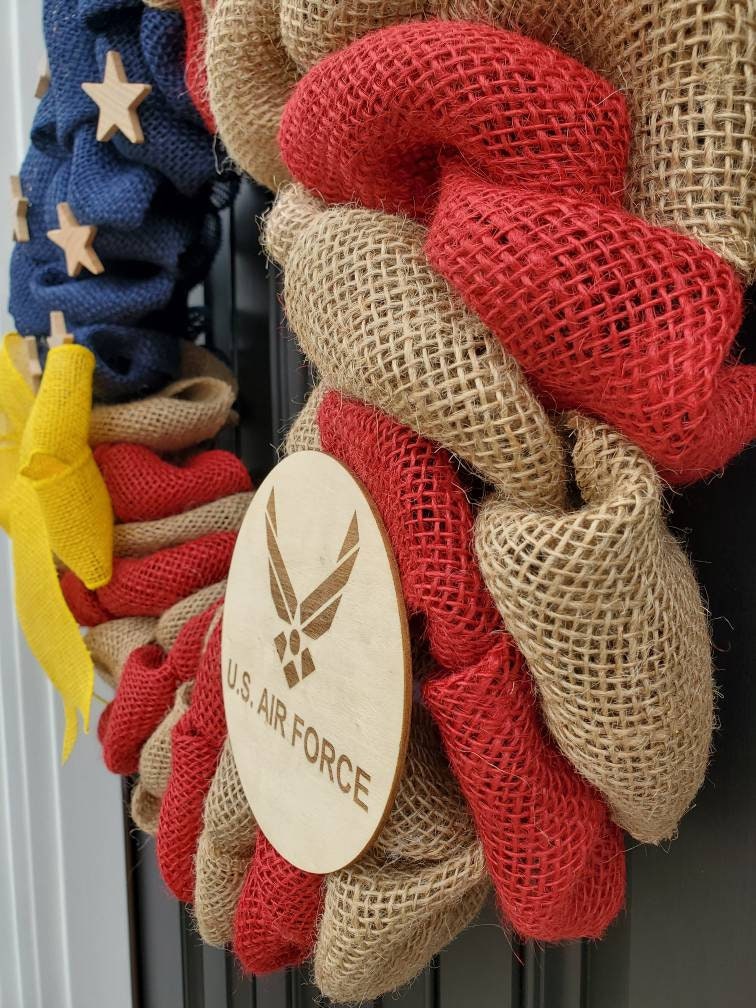 U.S. Air Force Wreath, Deployment wreath, Support our troops, Patriotic, burlap, yellow awareness ribbon for troops, deployment gifts