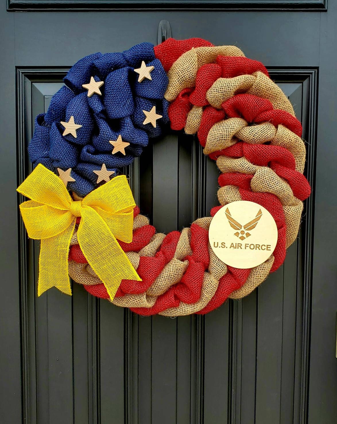 U.S. Air Force Wreath, Deployment wreath, Support our troops, Patriotic, burlap, yellow awareness ribbon for troops, deployment gifts