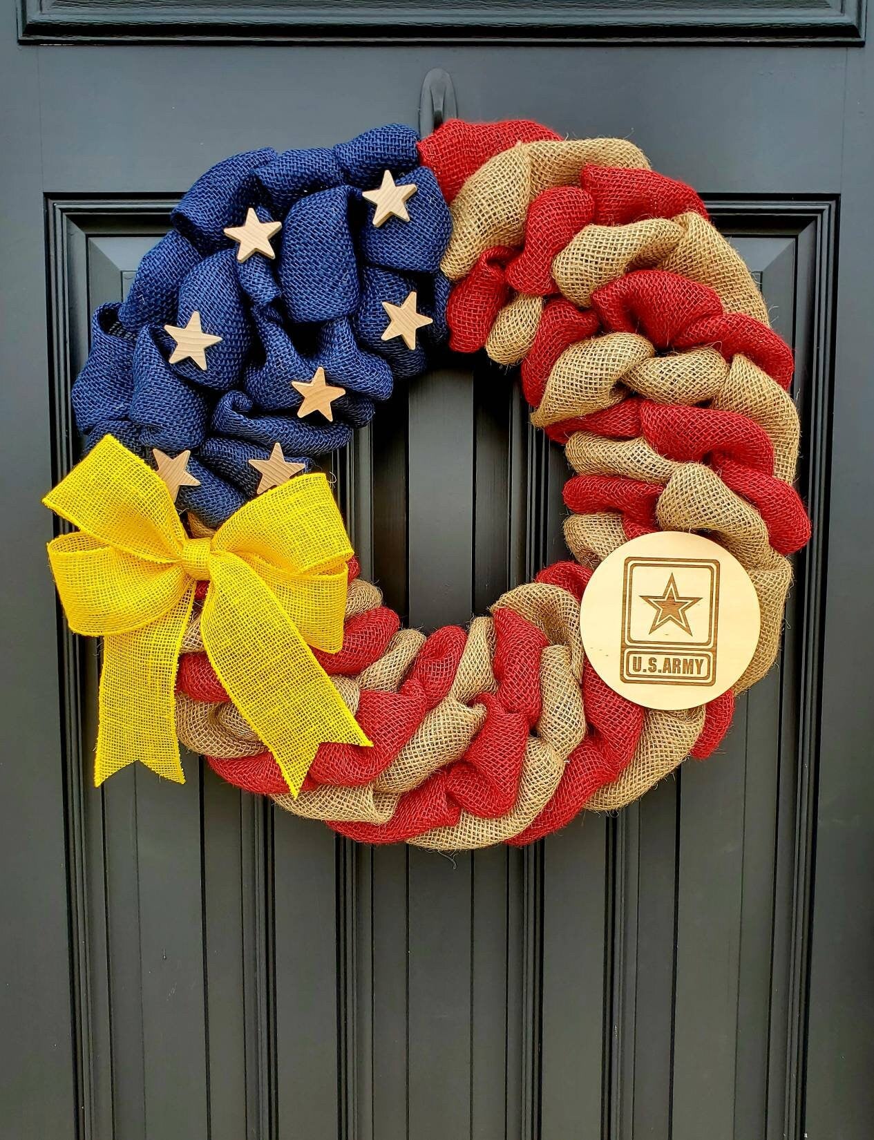 U.S. Army Wreath, Deployment wreath, Support our troops, Patriotic, burlap, yellow awareness ribbon for troops, deployment gifts